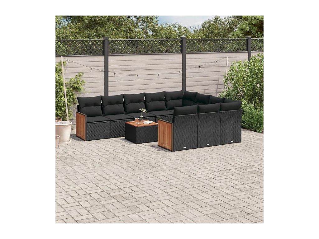 Salon de jardin 11 pcs avec coussins noir résine tressée