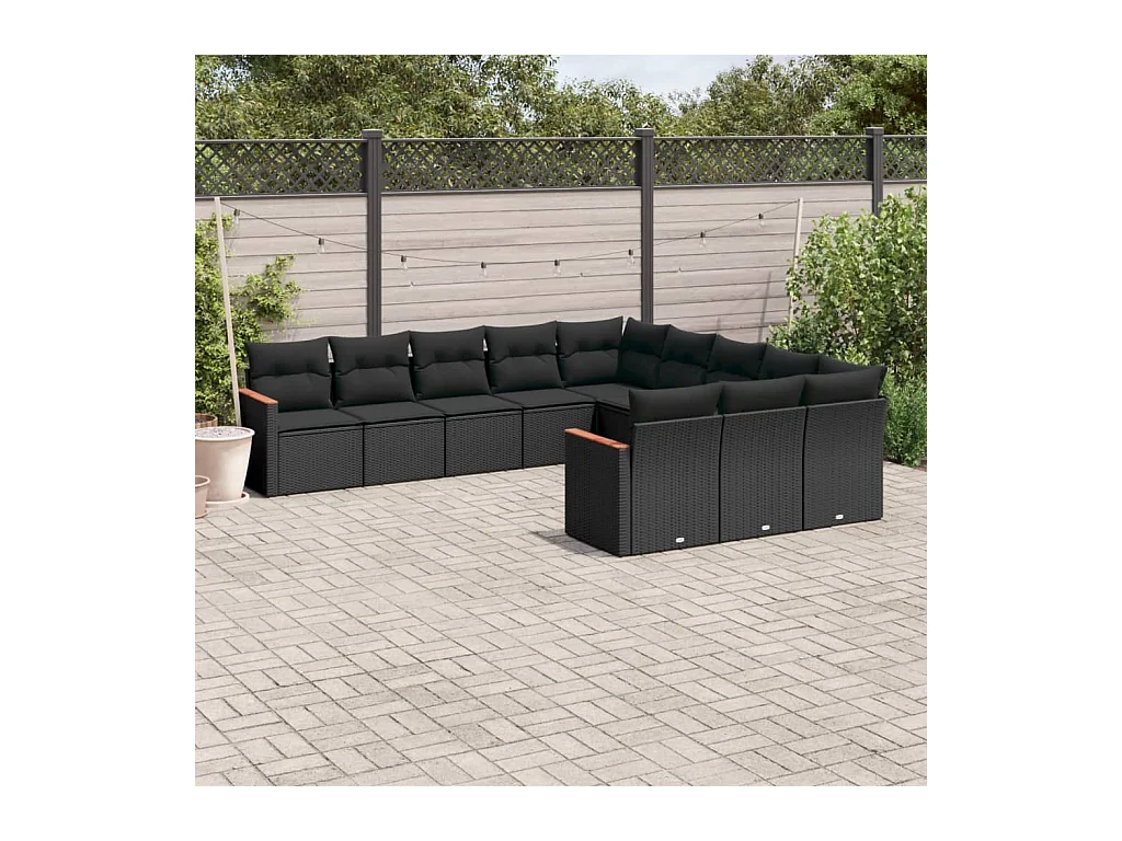 Salon de jardin 11 pcs avec coussins noir résine tressée
