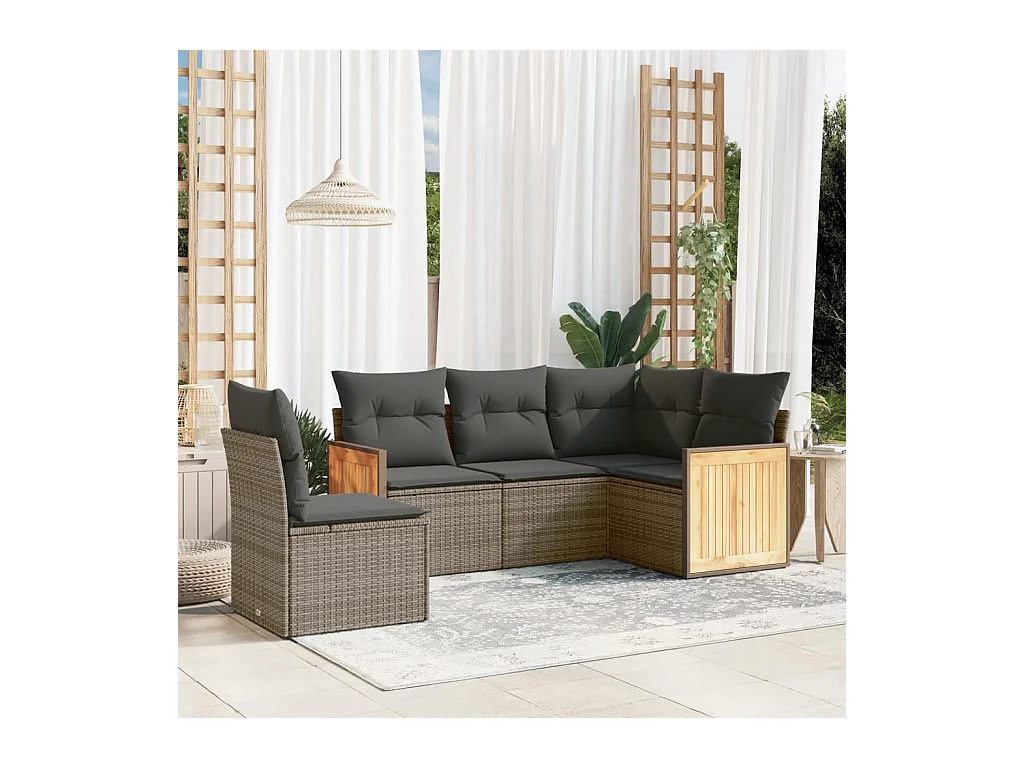 Set Divano da Giardino 5 pz con Cuscini Grigio in Polyrattan