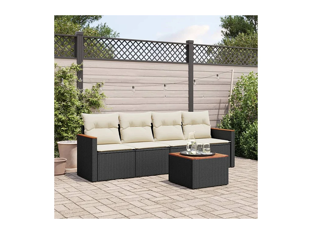 5-delige Loungeset met kussens poly rattan zwart