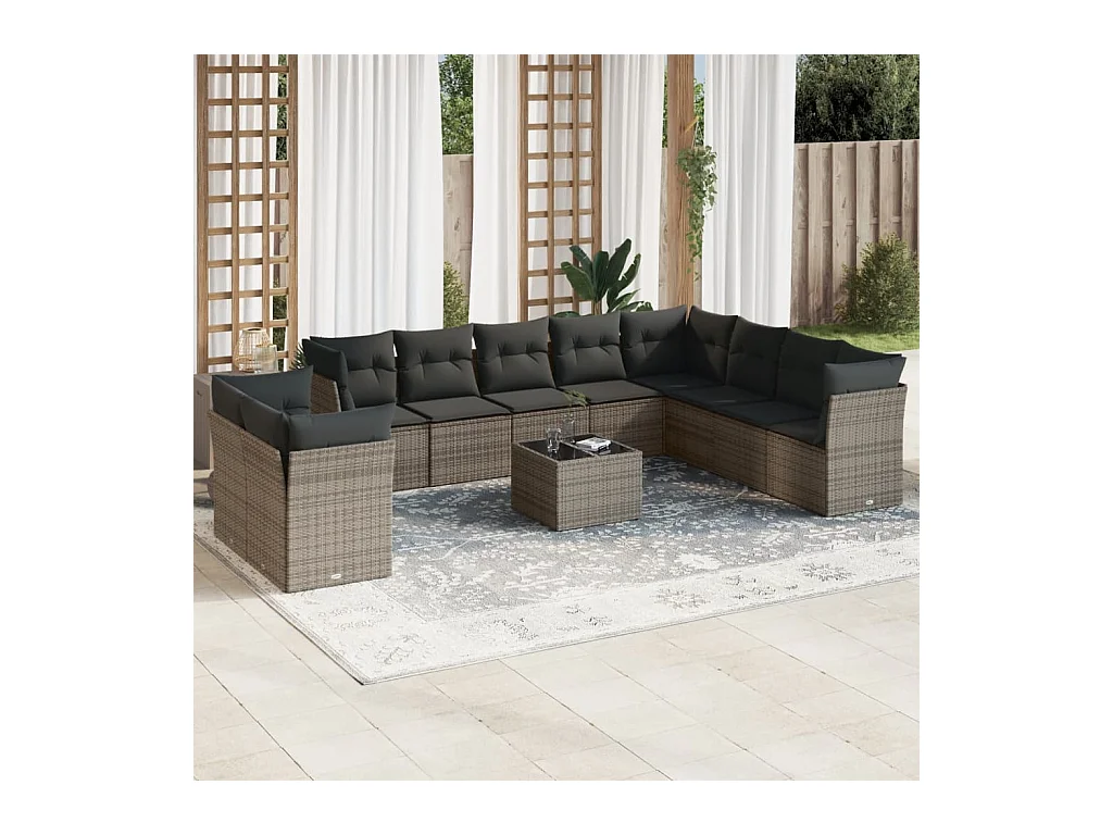 Set Divani da Giardino 11 pz con Cuscini in Polyrattan Grigio