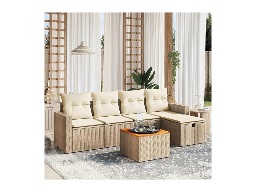 Set Divano da Giardino 6 pz con Cuscini Beige in Polyrattan