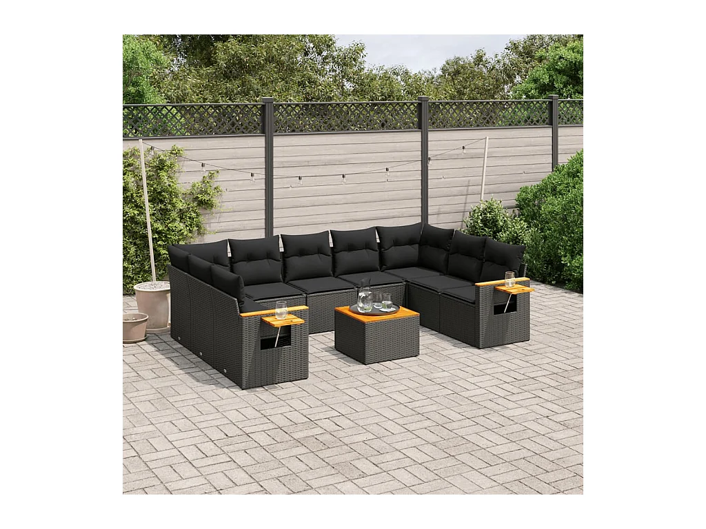 Salon de jardin 10 pcs avec coussins noir résine tressée