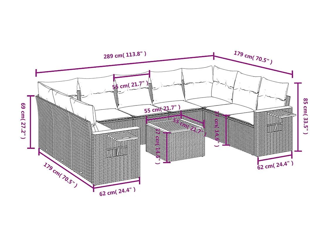 10-tlg. Garten-Sofagarnitur mit Kissen Schwarz Poly Rattan