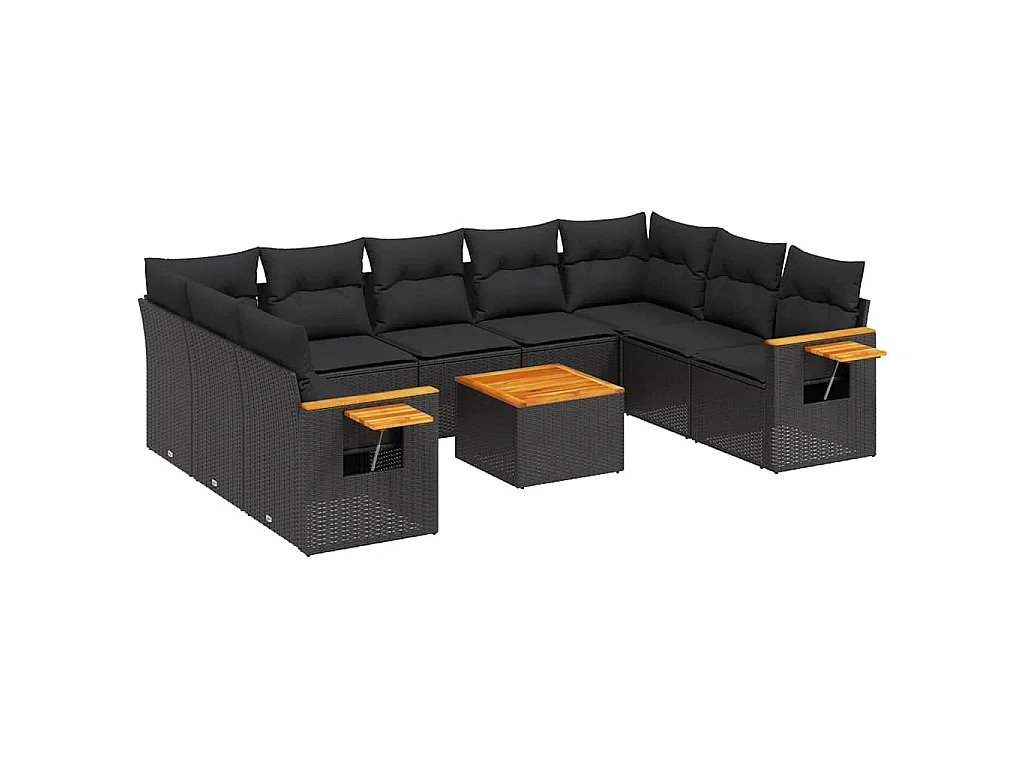 10-tlg. Garten-Sofagarnitur mit Kissen Schwarz Poly Rattan