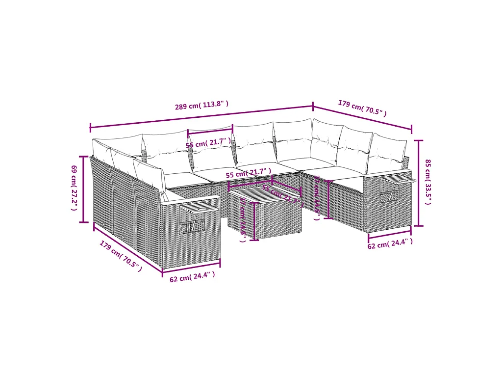 10-tlg. Garten-Sofagarnitur mit Kissen Schwarz Poly Rattan