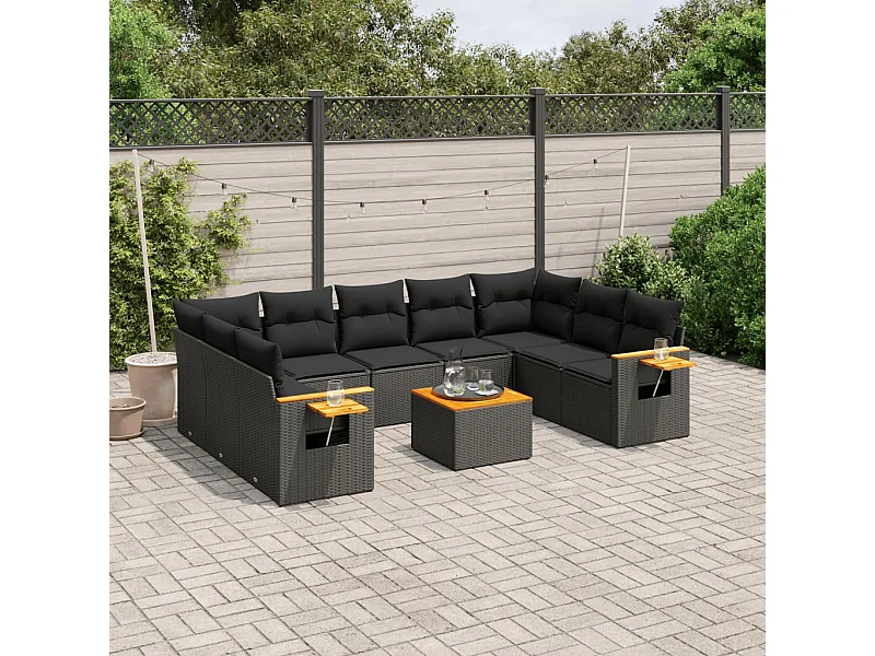 10-tlg. Garten-Sofagarnitur mit Kissen Schwarz Poly Rattan