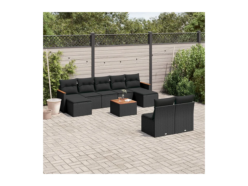 Salon de jardin 10 pcs avec coussins noir résine tressée