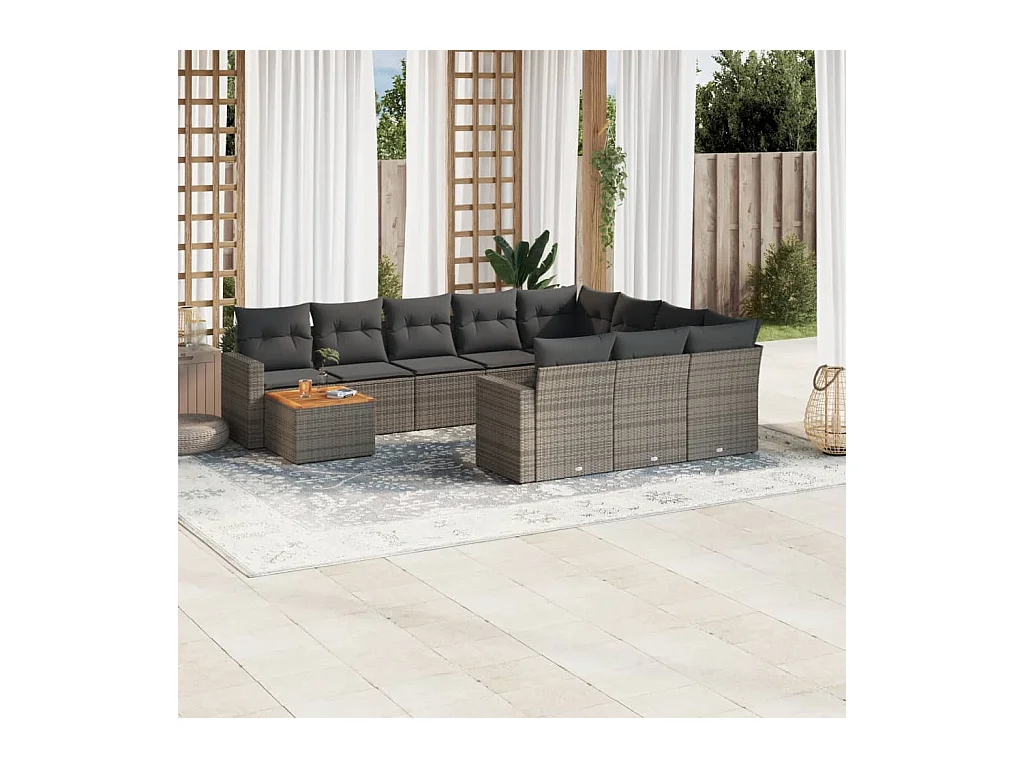Salon de jardin 11 pcs avec coussins gris résine tressée