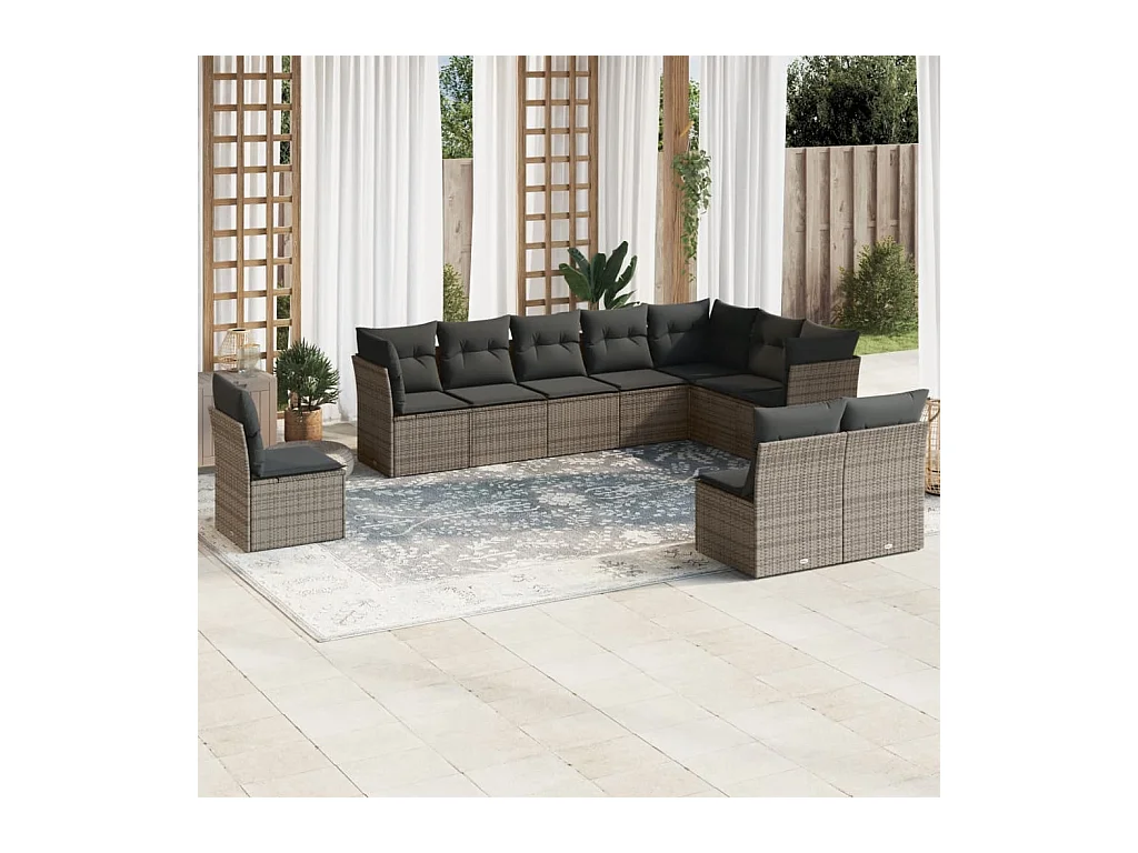 10-tlg. Garten-Sofagarnitur mit Kissen Grau Poly Rattan