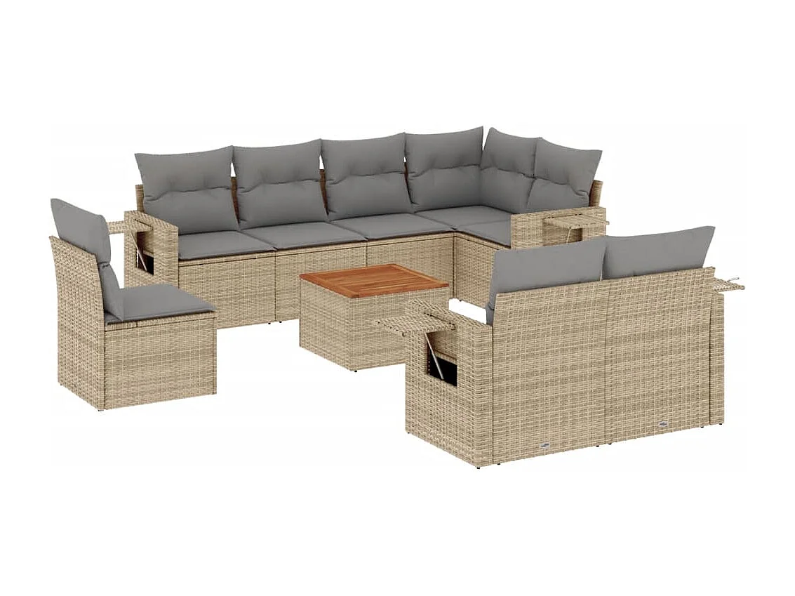 Set Divano da Giardino 9 pz con Cuscini Beige Misto Polyrattan