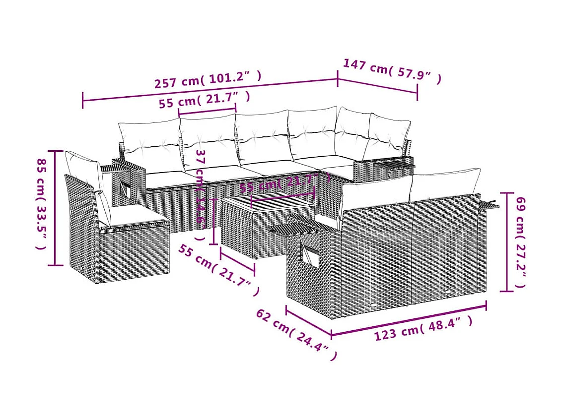 Set Divano da Giardino 9 pz con Cuscini Beige Misto Polyrattan