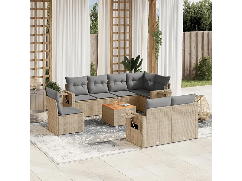 Set Divano da Giardino 9 pz con Cuscini Beige Misto Polyrattan
