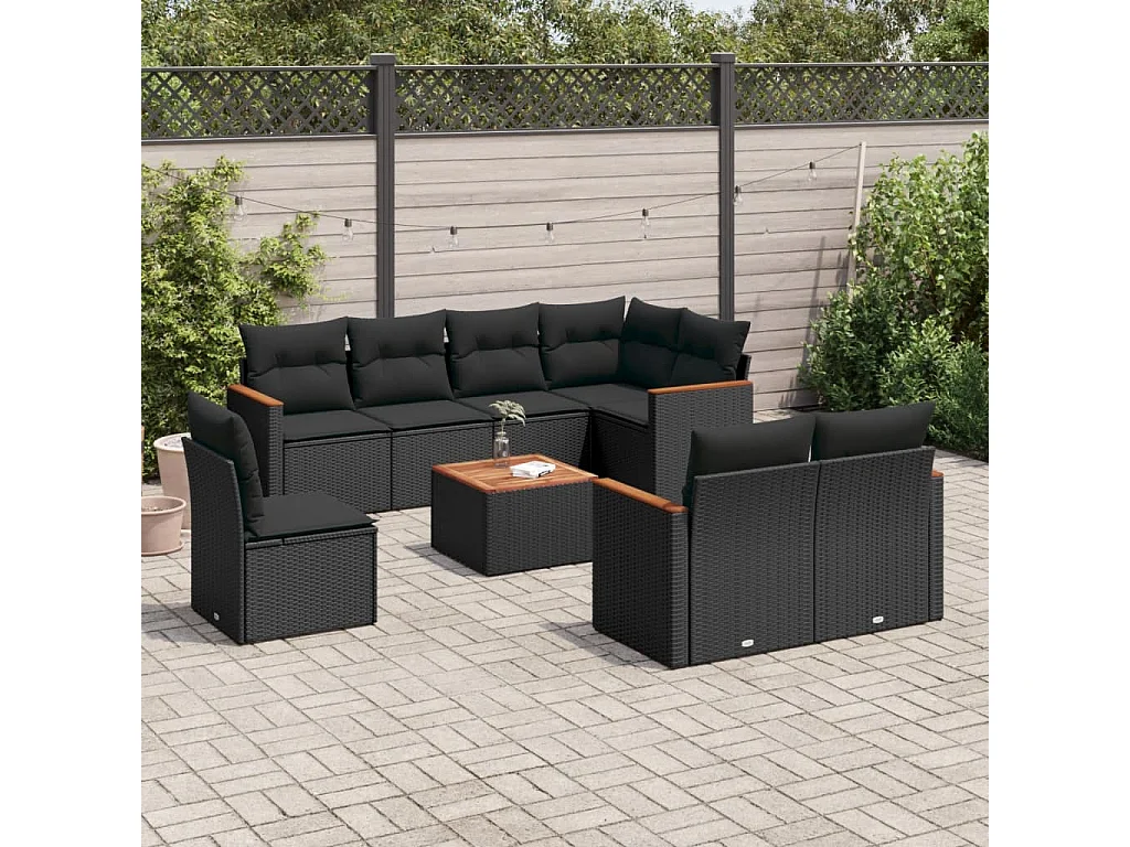 Salon de jardin 9 pcs avec coussins noir résine tressée