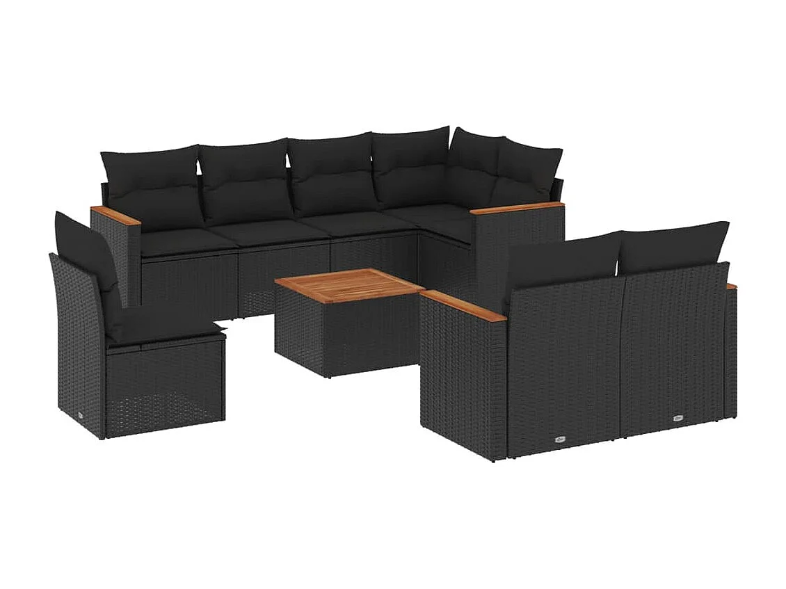 Salon de jardin 9 pcs avec coussins noir résine tressée
