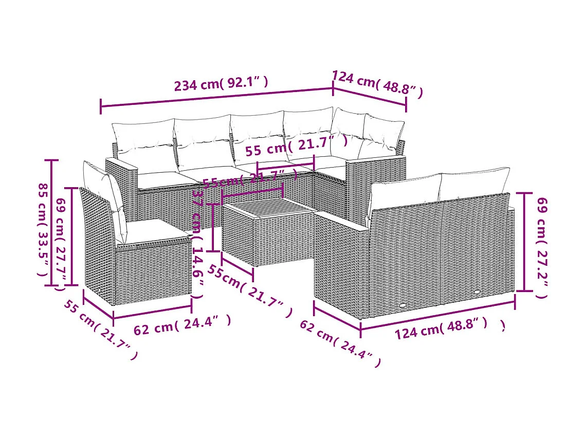 Salon de jardin 9 pcs avec coussins noir résine tressée