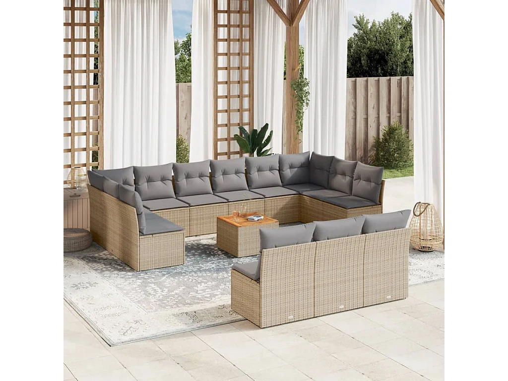Set Divano da Giardino 14 pz con Cuscini Beige Misto Polyrattan