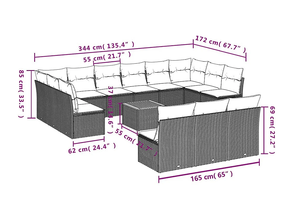 Set Divano da Giardino 14 pz con Cuscini Beige Misto Polyrattan