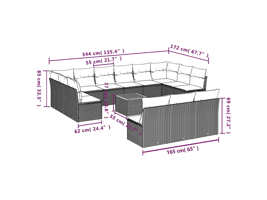 14-tlg. Garten-Sofagarnitur mit Kissen Beige Poly Rattan