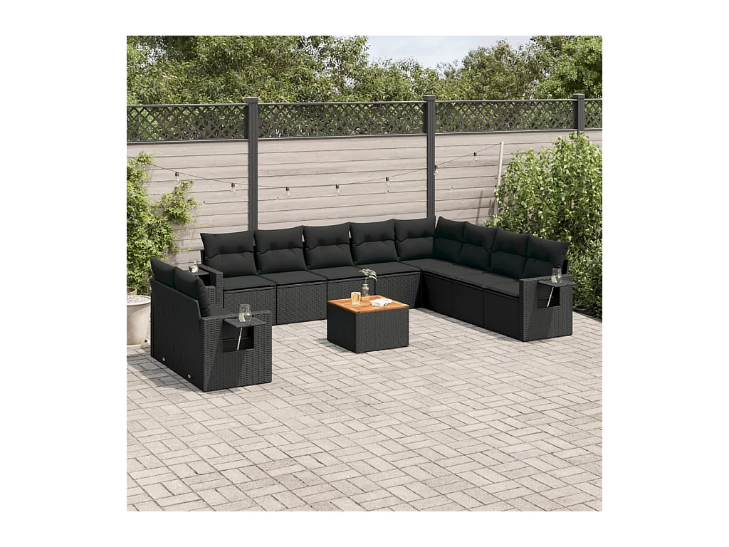 Salon de jardin 11 pcs avec coussins noir résine tressée