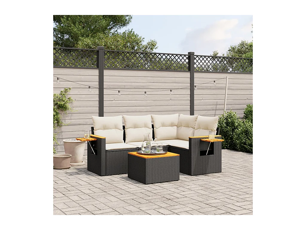 5-delige Loungeset met kussens poly rattan zwart