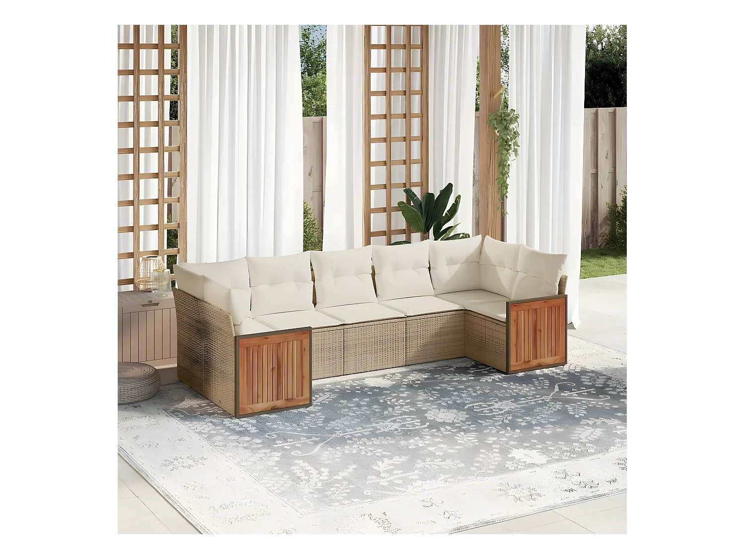 Set Divani da Giardino 7 pz con Cuscini Beige in Polyrattan
