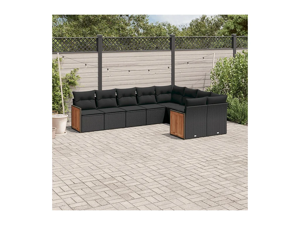9-delige Loungeset met kussens poly rattan zwart