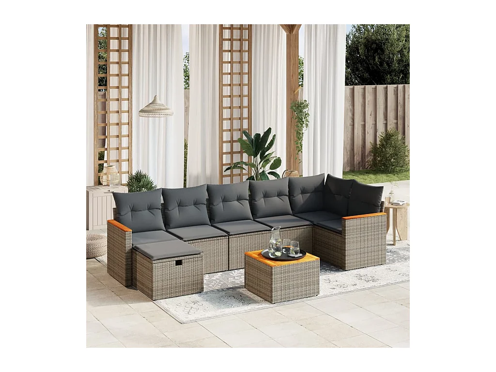 Salon de jardin 8 pcs avec coussins gris résine tressée