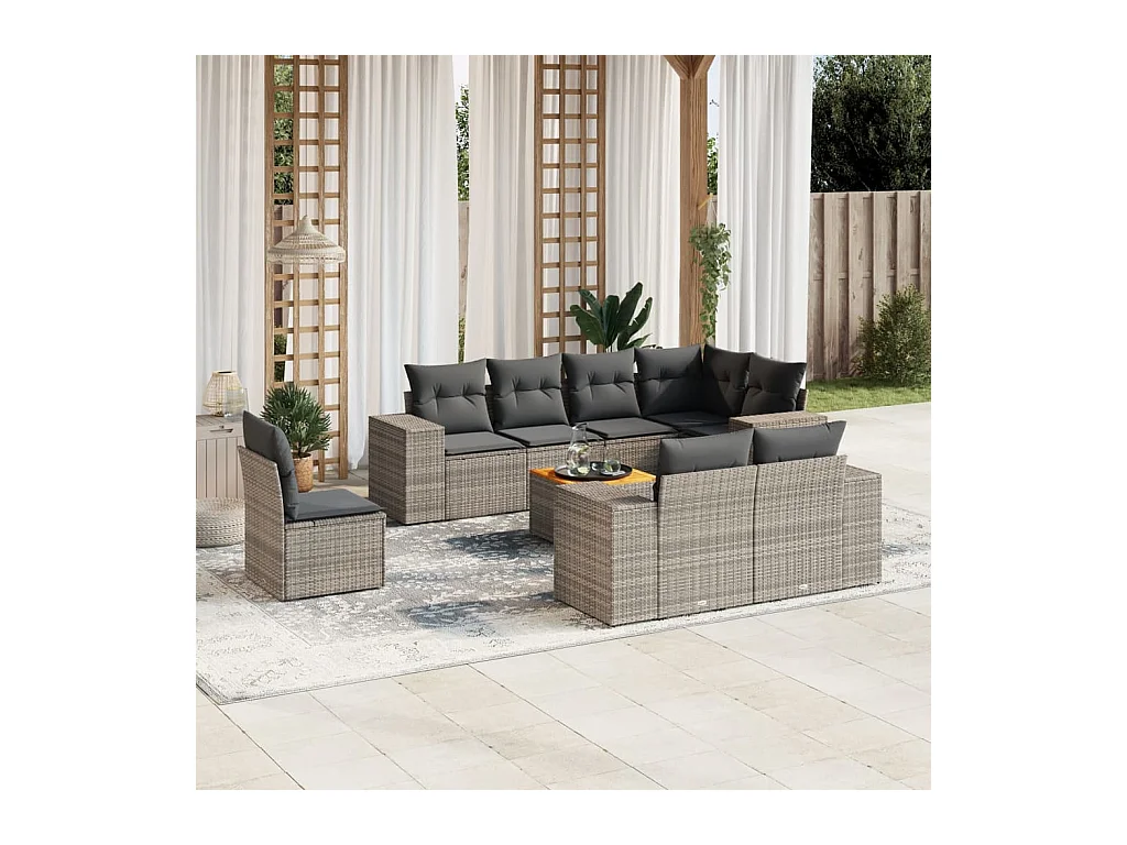 9-delige Loungeset met kussens poly rattan grijs