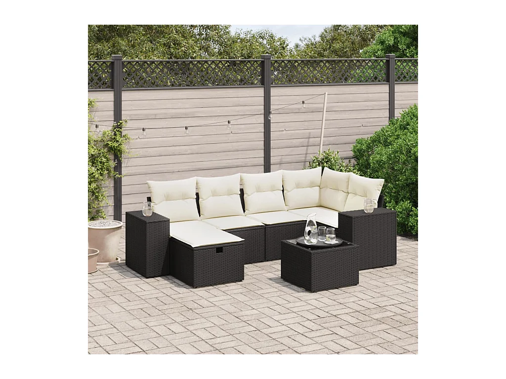 Salon de jardin 7 pcs avec coussins noir résine tressée