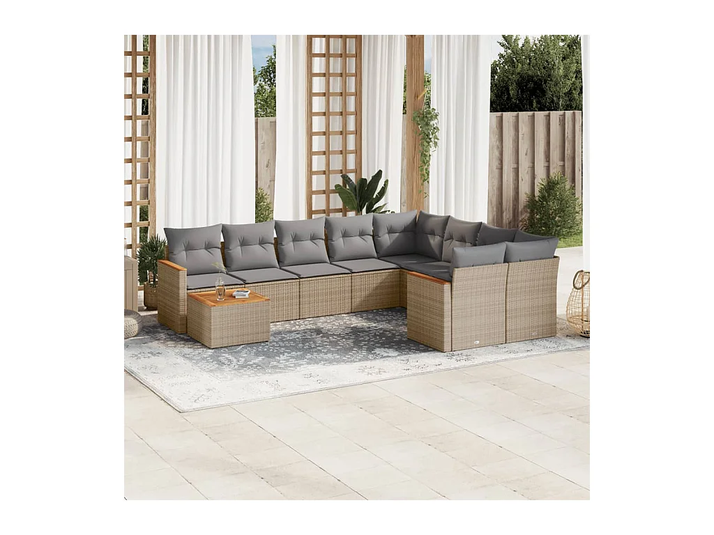 Salon de jardin avec coussins 10 pcs beige résine tressée