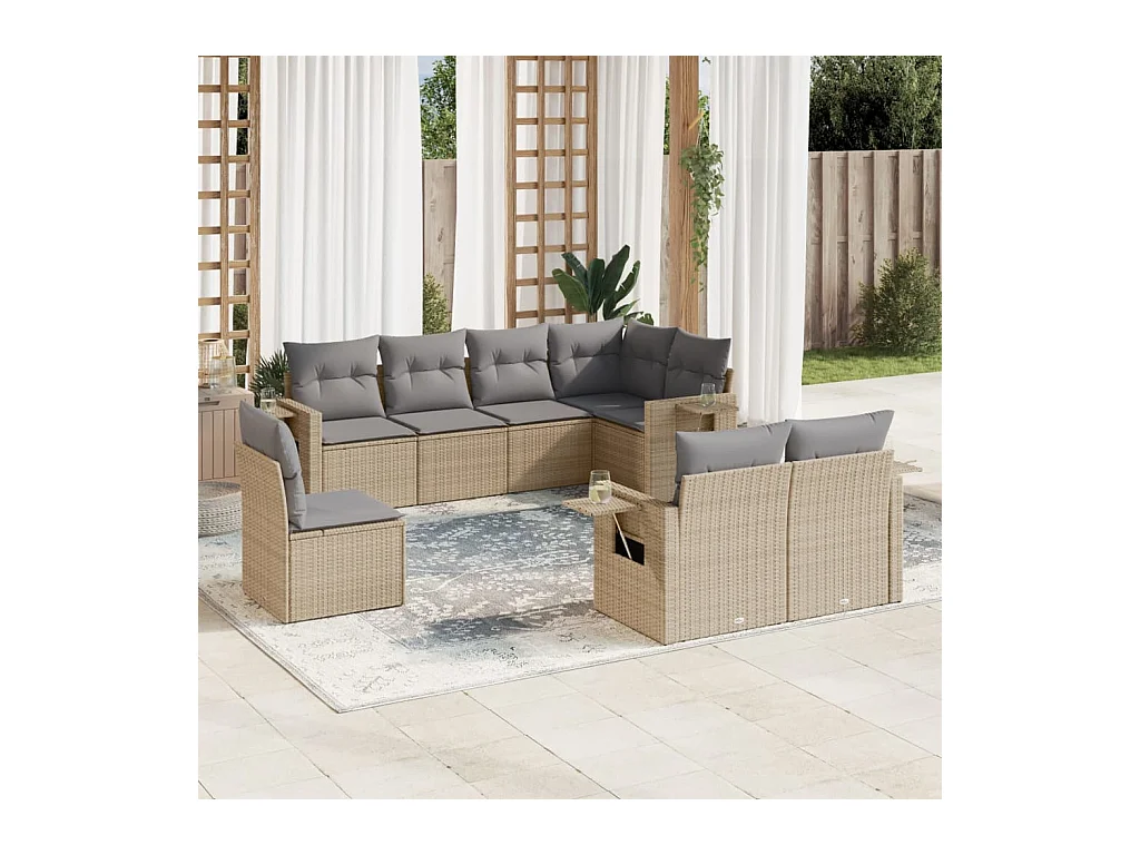 8 pcs conjunto de sofás p/ jardim com almofadões vime PE bege
