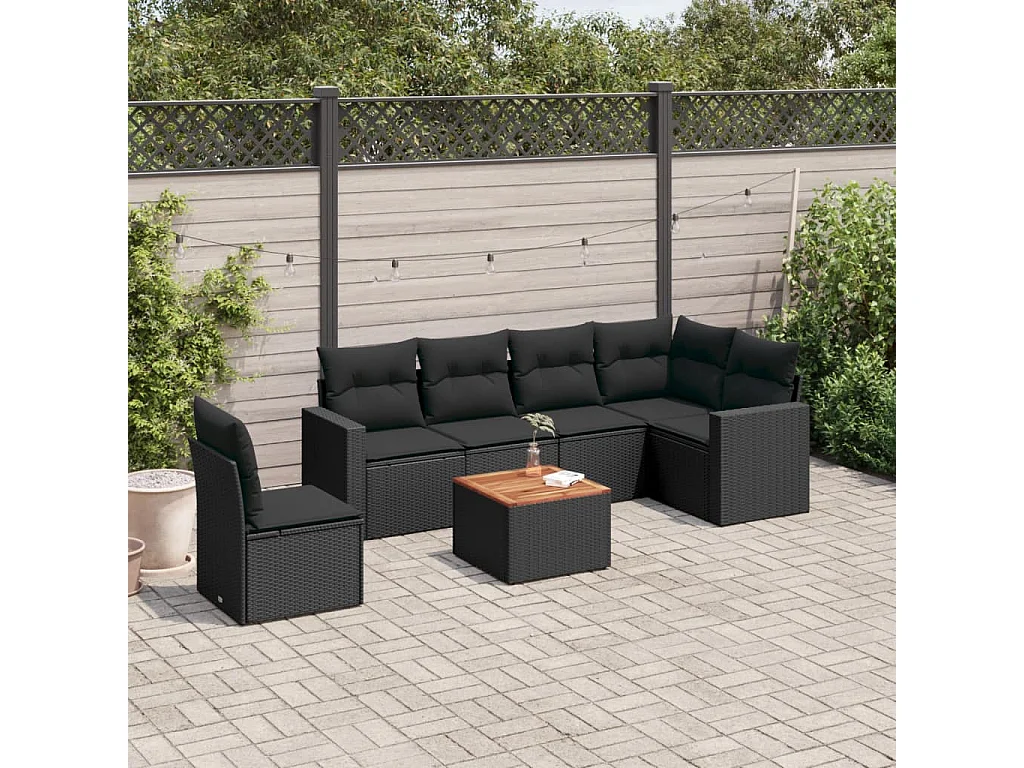 7-tlg. Garten-Sofagarnitur mit Kissen Schwarz Poly Rattan