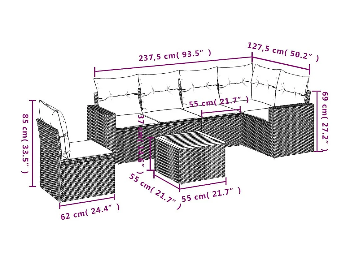 7-tlg. Garten-Sofagarnitur mit Kissen Schwarz Poly Rattan