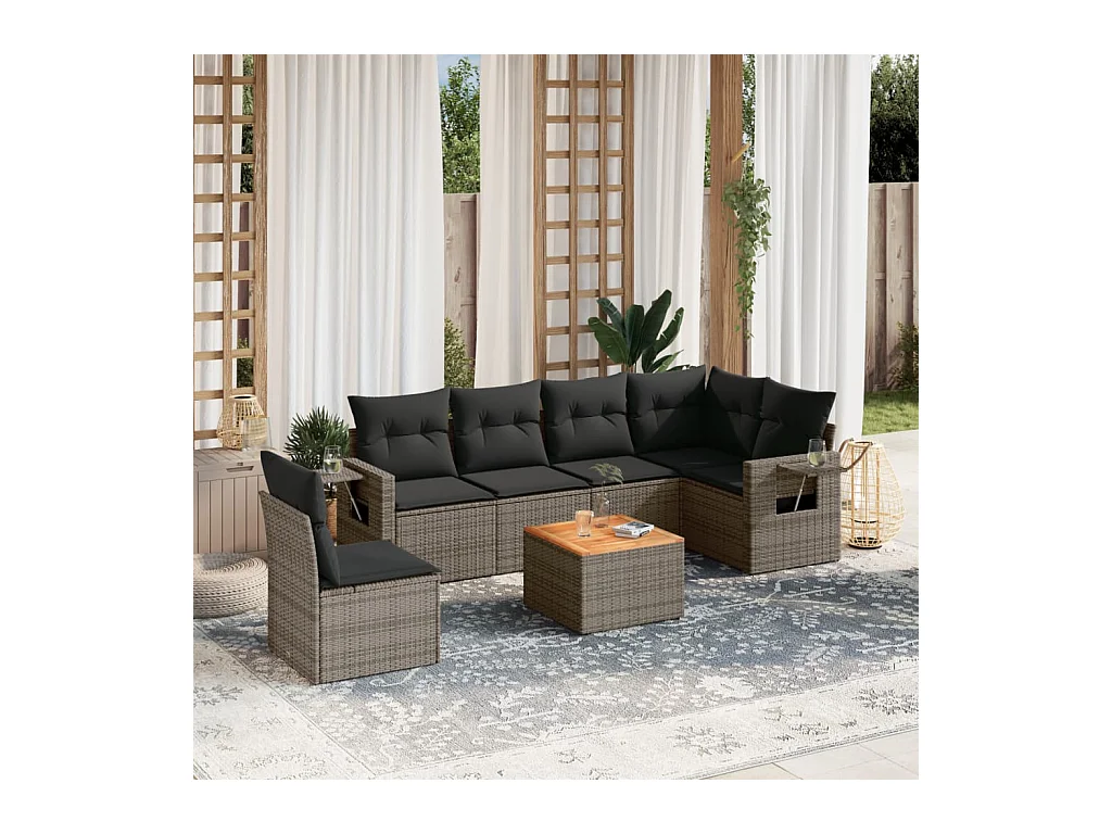 7-delige Loungeset met kussens poly rattan grijs
