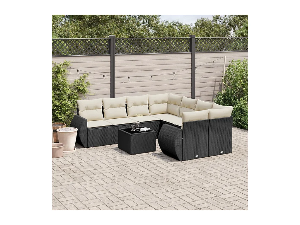 9-tlg. Garten-Sofagarnitur mit Kissen Schwarz Poly Rattan
