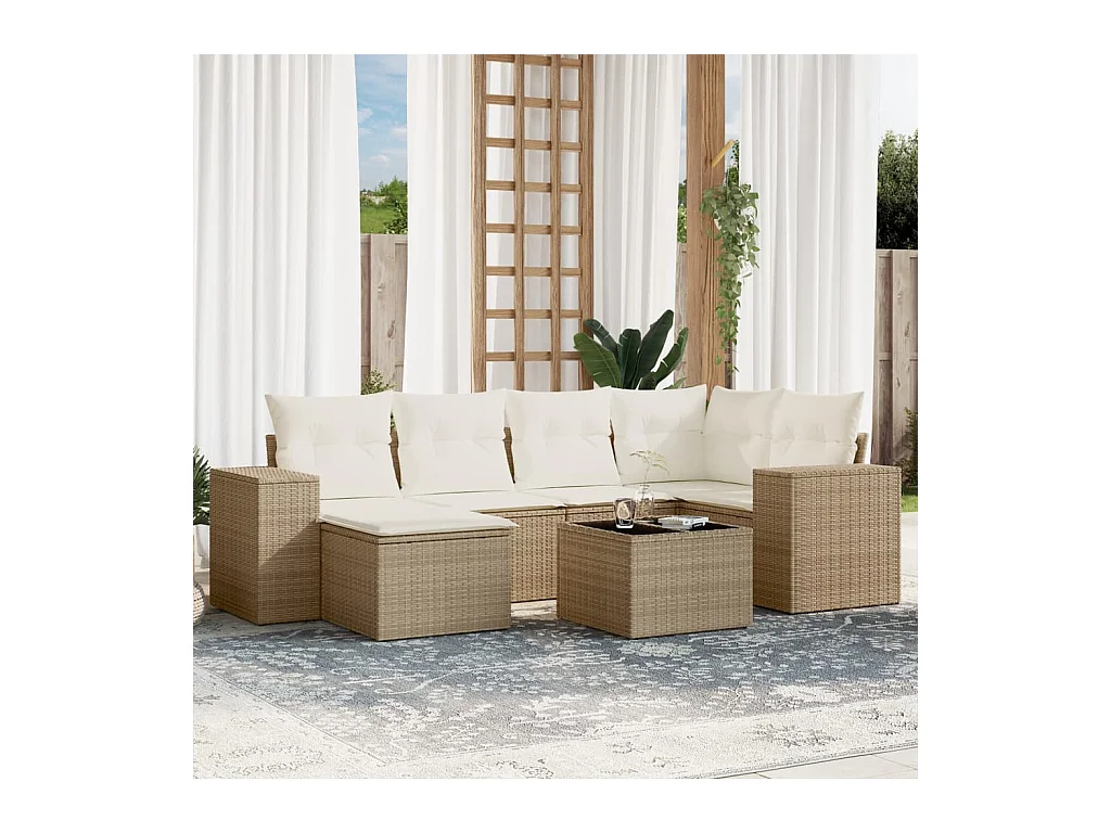 Salon de jardin avec coussins 7 pcs beige résine tressée
