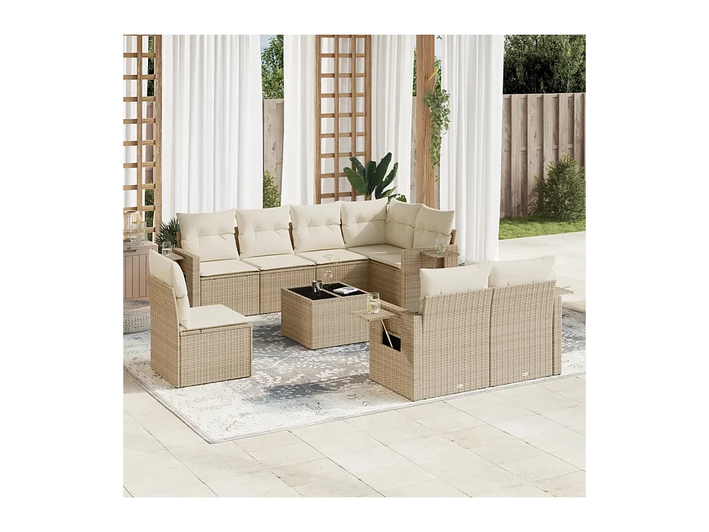 Salon de jardin avec coussins 9 pcs beige résine tressée