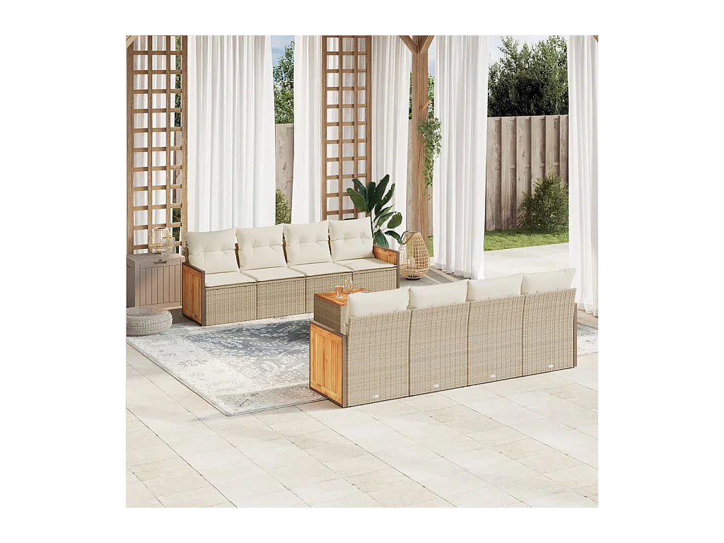 Salon de jardin avec coussins 9 pcs beige résine tressée