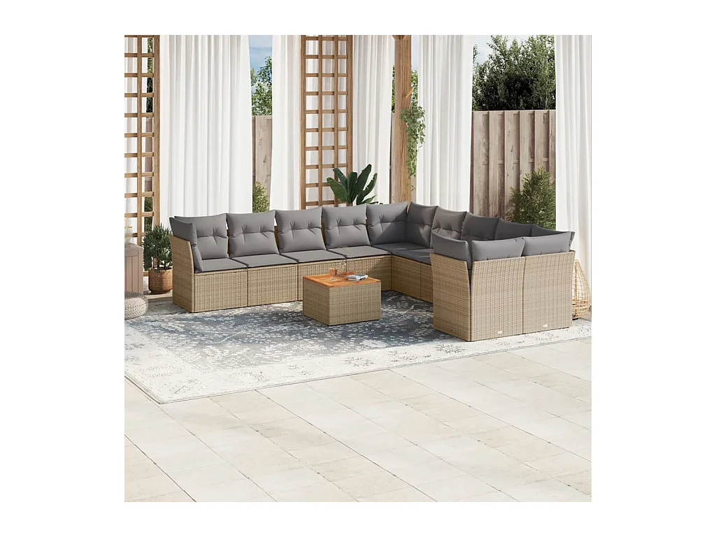 11-delige Tuinset met kussens poly rattan beige