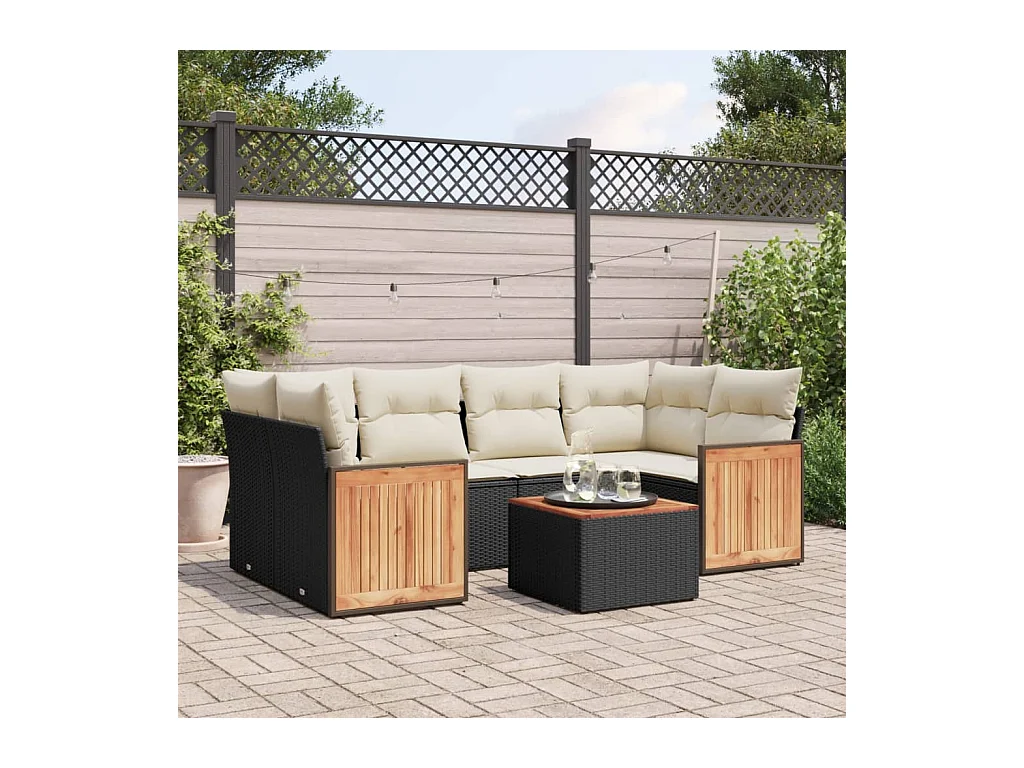 Salon de jardin 7 pcs avec coussins noir résine tressée