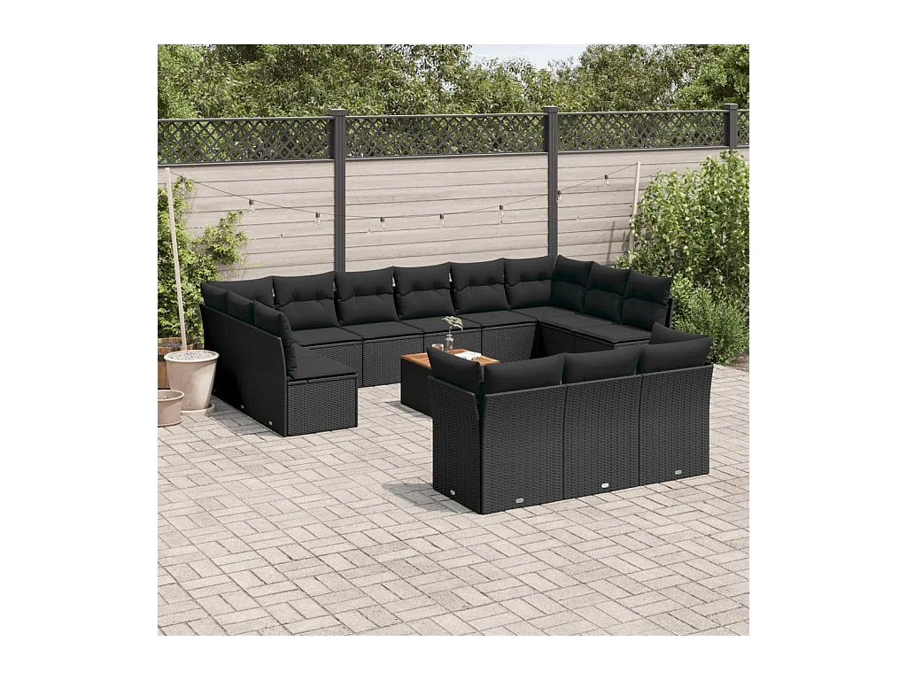 Salon de jardin avec coussins 14 pcs noir résine tressée