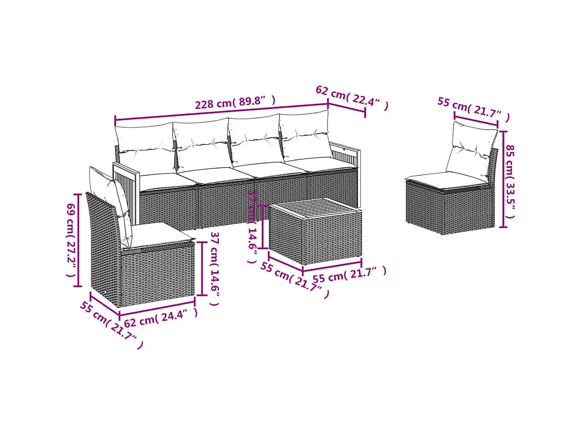 Set de comedor de jardín 7 pzas y cojines ratán sintético negro