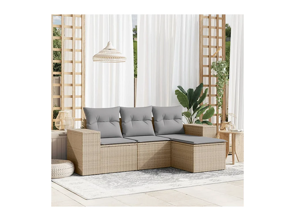 4-tlg. Garten-Sofagarnitur mit Kissen Beige Poly Rattan