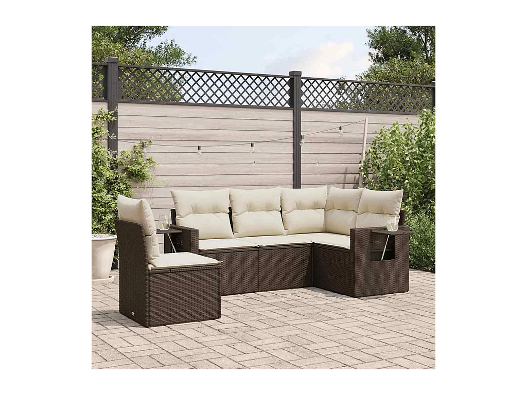 5-delige Loungeset met kussens poly rattan bruin