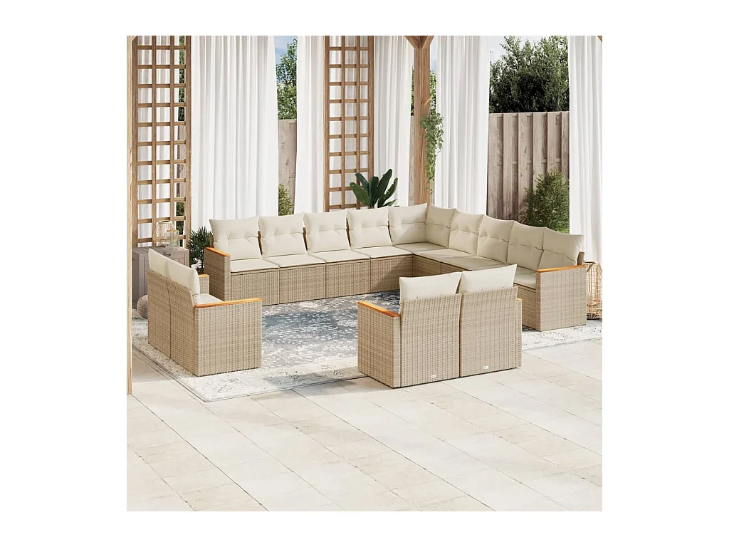 Set Divano da Giardino 13 pz con Cuscini Beige in Polyrattan