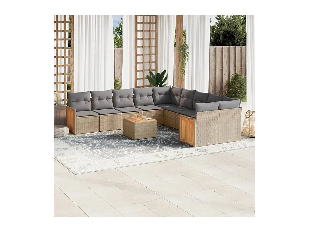 Salon de jardin 11 pcs avec coussins beige résine tressée