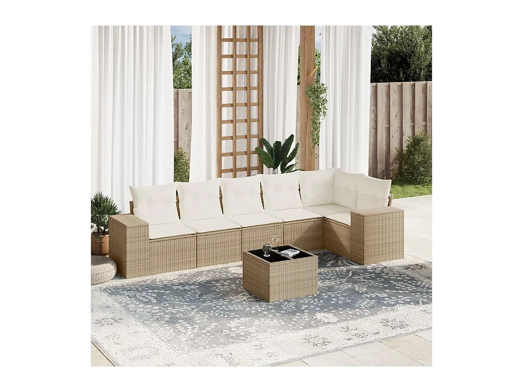 Salon de jardin avec coussins 7 pcs beige résine tressée