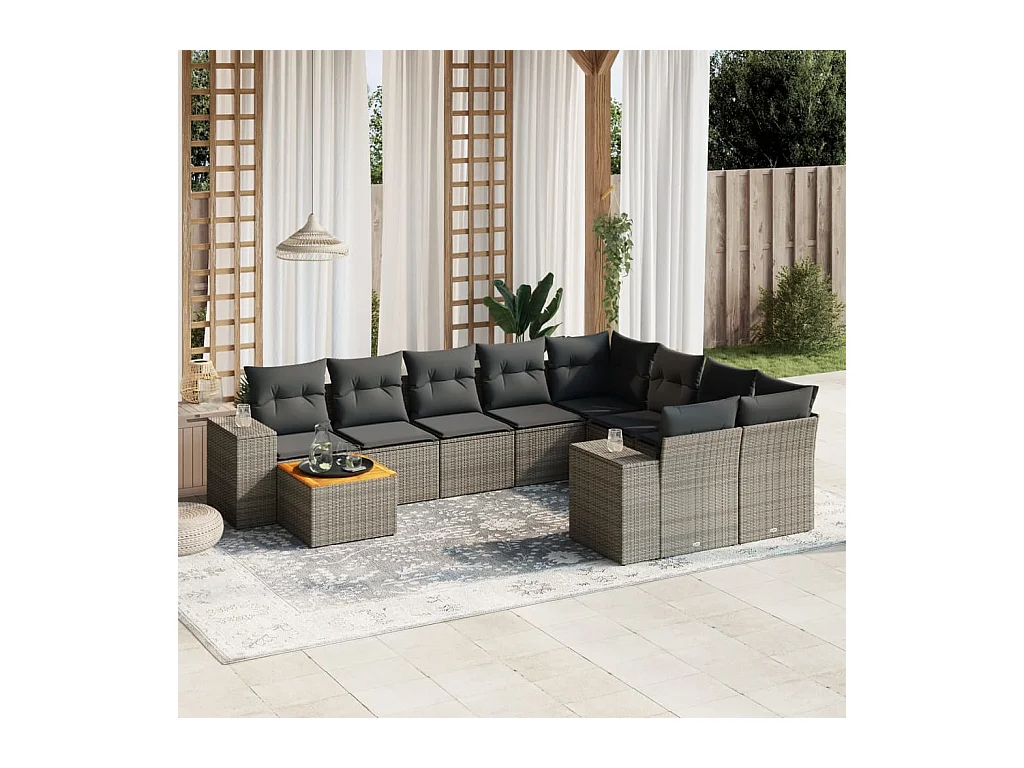 Set Divano da Giardino 10 pz con Cuscini Grigio in Polyrattan