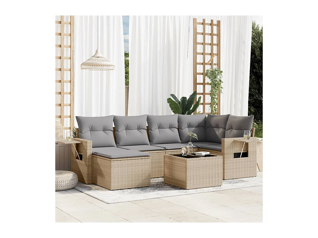 7-delige Loungeset met kussens poly rattan beige